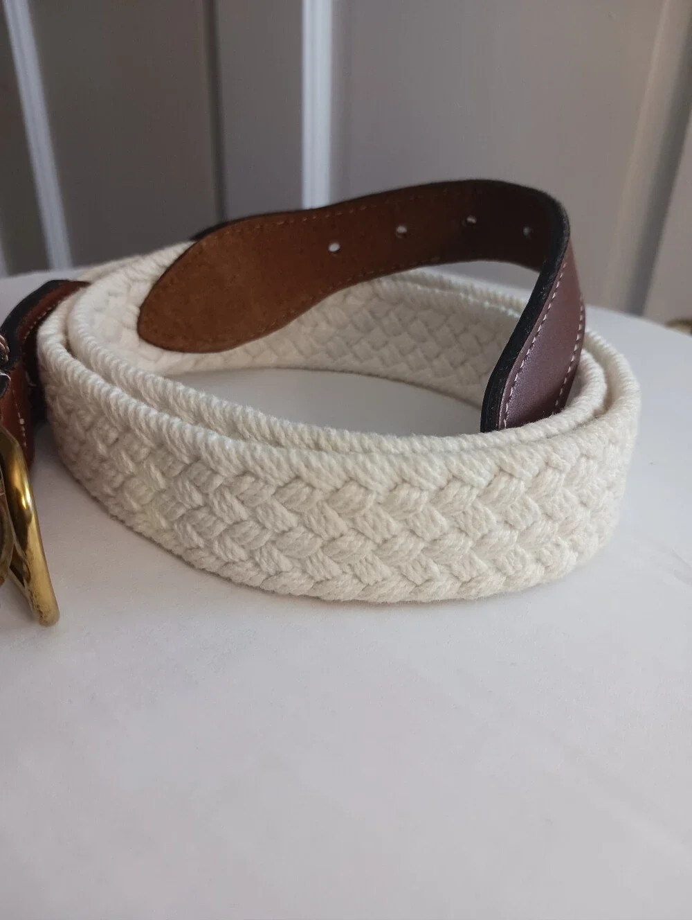 Vtg Dockers Woven Canvas White Belt , Brass Buckle Sz 38 #2321 Made In USA